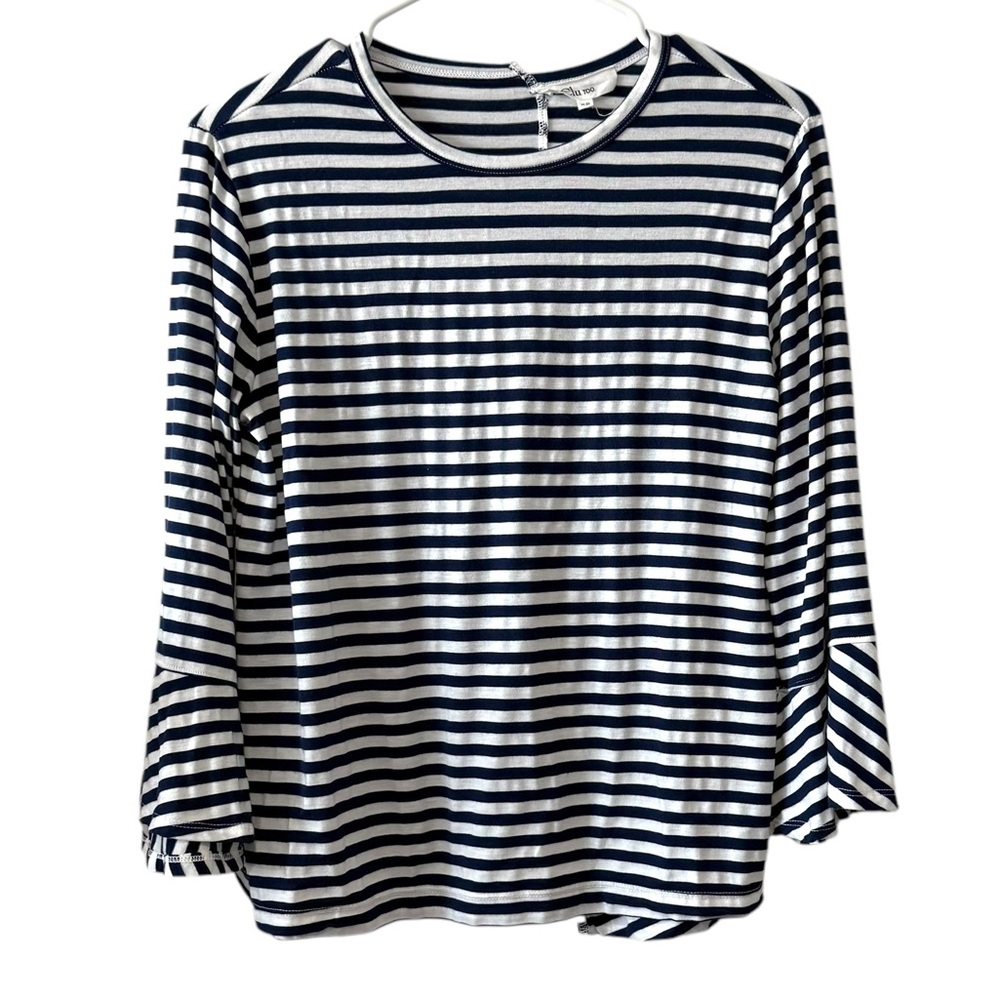 Clu Too Navy White Striped Bell Sleeve Cropped Blouse Size XS